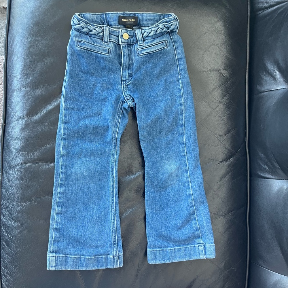 Mini Rodini braid belted M R embroidered pockets Flare jeans 3-5 yr $128